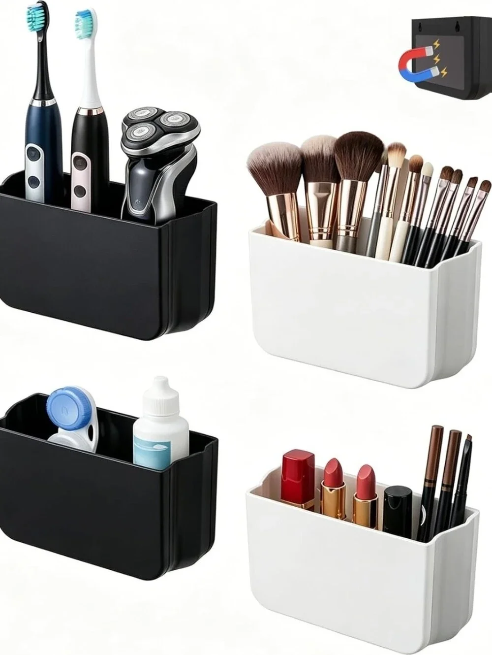 Magnetic 4 PC Wall Storage Caddy | Black & White | Organizer | NEW IN BOX |